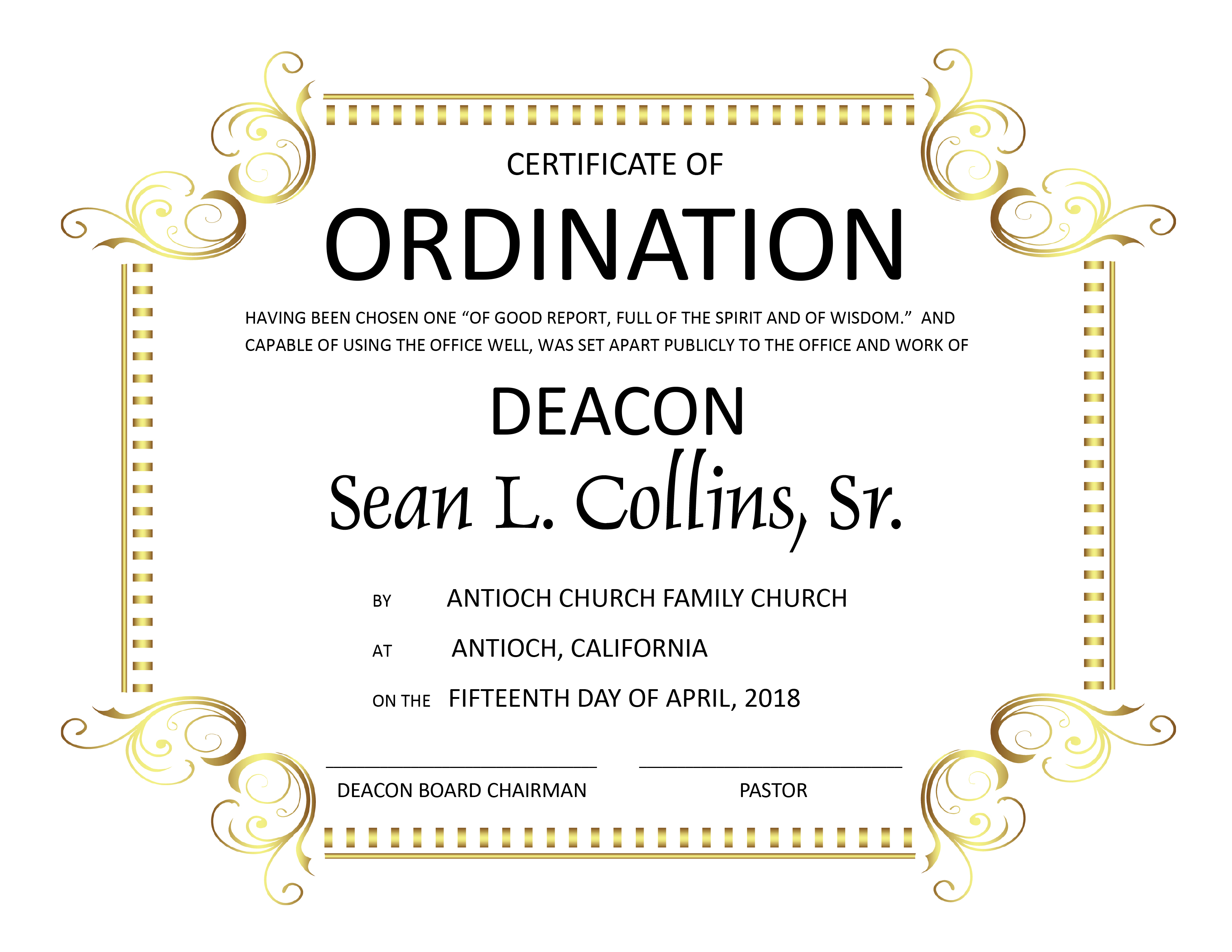 Sample Of Deacon Ordination Certificate